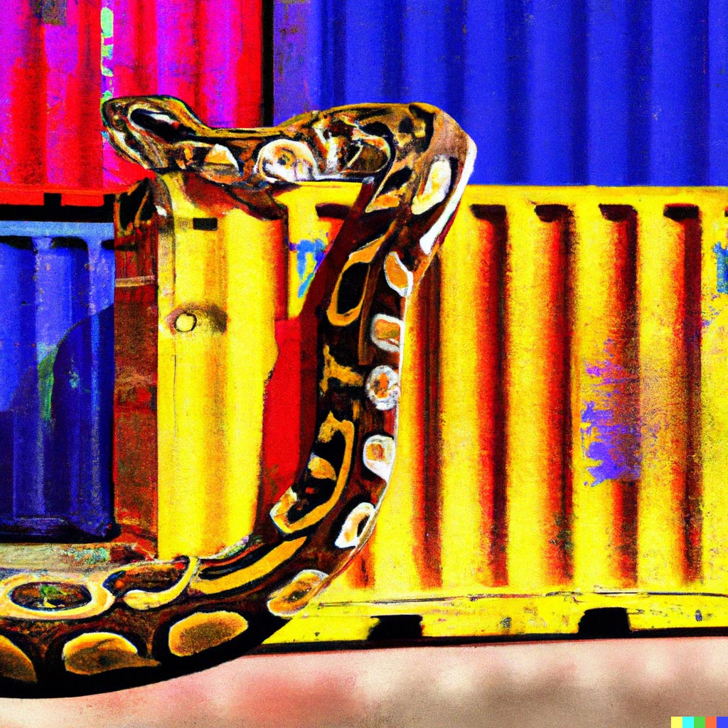 DALL·E 2022-07-29 15.50.55 - friendly python snake escaping a shipping container on a dock by Andy Warhol